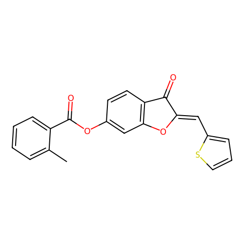 (Z)-3-oxo-2-(thiophen-2-ylmethylene)-2,3-dihydrobenzofuran-6-yl 2-methylbenzoate structure