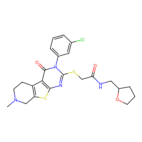 2-((3-(3-chlorophenyl)-7-methyl-4-oxo-3,4,5,6,7,8-hexahydropyrido[4',3':4,5]thieno[2,3-d]pyrimidin-2-yl)thio)-N-((tetrahydrofuran-2-yl)methyl)acetamide structure