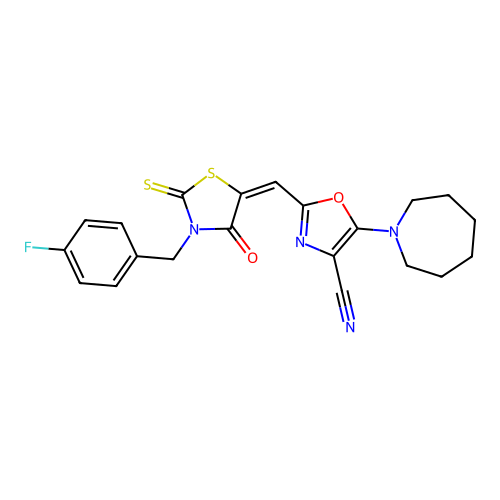 (E)-5-(azepan-1-yl)-2-((3-(4-fluorobenzyl)-4-oxo-2-thioxothiazolidin-5-ylidene)methyl)oxazole-4-carbonitrile structure