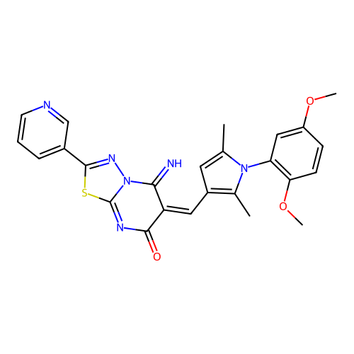 (E)-6-((1-(2,5-dimethoxyphenyl)-2,5-dimethyl-1H-pyrrol-3-yl)methylene)-5-imino-2-(pyridin-3-yl)-5H-[1,3,4]thiadiazolo[3,2-a]pyrimidin-7(6H)-one structure