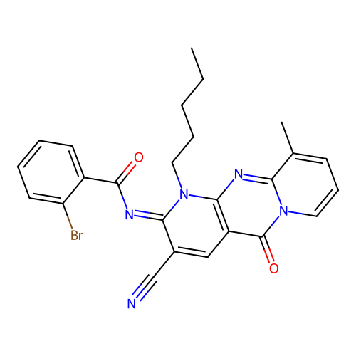 (E)-2-bromo-N-(3-cyano-10-methyl-5-oxo-1-pentyl-1H-dipyrido[1,2-a:2',3'-d]pyrimidin-2(5H)-ylidene)benzamide structure