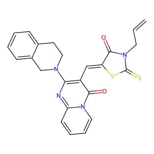 (5Z)-5-[[2-(3,4-dihydro-1H-isoquinolin-2-yl)-4-oxopyrido[1,2-a]pyrimidin-3-yl]methylidene]-3-prop-2-enyl-2-sulfanylidene-1,3-thiazolidin-4-one structure