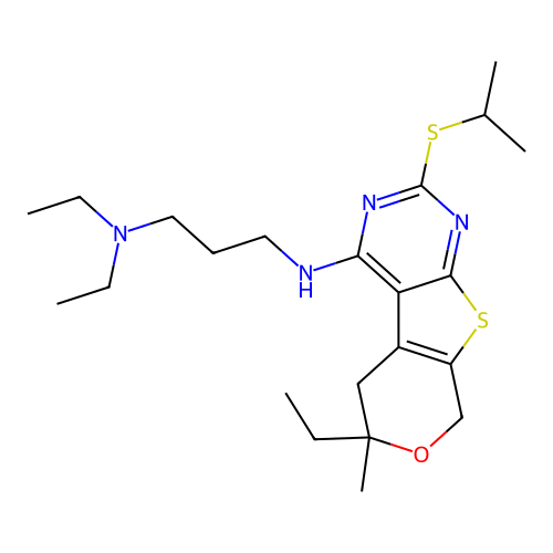 N,N-diethyl-N'-[6-ethyl-6-methyl-2-(propan-2-ylsulfanyl)-5,8-dihydro-6H-pyrano[4',3':4,5]thieno[2,3-d]pyrimidin-4-yl]propane-1,3-diamine structure