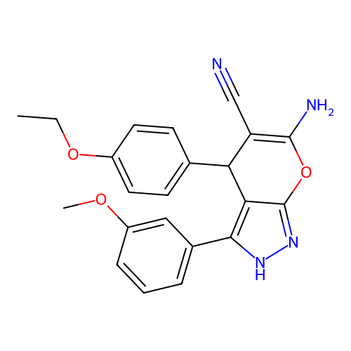 6-amino-4-(4-ethoxyphenyl)-3-(3-methoxyphenyl)-2,4-dihydropyrano[2,3-c]pyrazole-5-carbonitrile structure