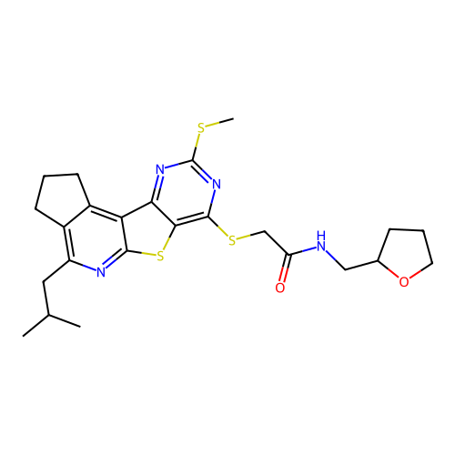 2-((4-isobutyl-9-(methylthio)-2,3-dihydro-1H-cyclopenta[4',5']pyrido[3',2':4,5]thieno[3,2-d]pyrimidin-7-yl)thio)-N-((tetrahydrofuran-2-yl)methyl)acetamide structure