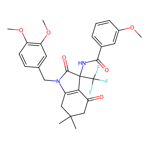 N-(1-(3,4-dimethoxybenzyl)-6,6-dimethyl-2,4-dioxo-3-(trifluoromethyl)-2,3,4,5,6,7-hexahydro-1H-indol-3-yl)-3-methoxybenzamide structure