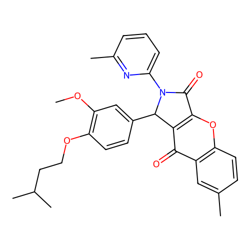 1-(4-(isopentyloxy)-3-methoxyphenyl)-7-methyl-2-(6-methylpyridin-2-yl)-1,2-dihydrochromeno[2,3-c]pyrrole-3,9-dione structure