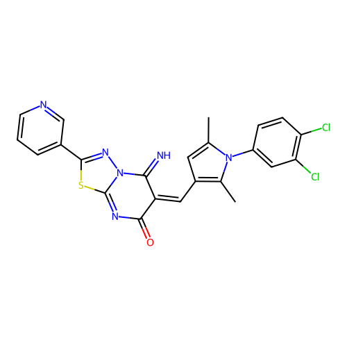 (E)-6-((1-(3,4-dichlorophenyl)-2,5-dimethyl-1H-pyrrol-3-yl)methylene)-5-imino-2-(pyridin-3-yl)-5H-[1,3,4]thiadiazolo[3,2-a]pyrimidin-7(6H)-one structure