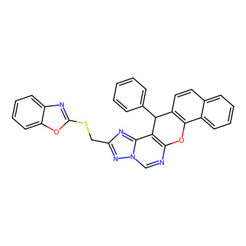 2-((benzo[d]oxazol-2-ylthio)methyl)-14-phenyl-14H-benzo[7,8]chromeno[3,2-e][1,2,4]triazolo[1,5-c]pyrimidine structure