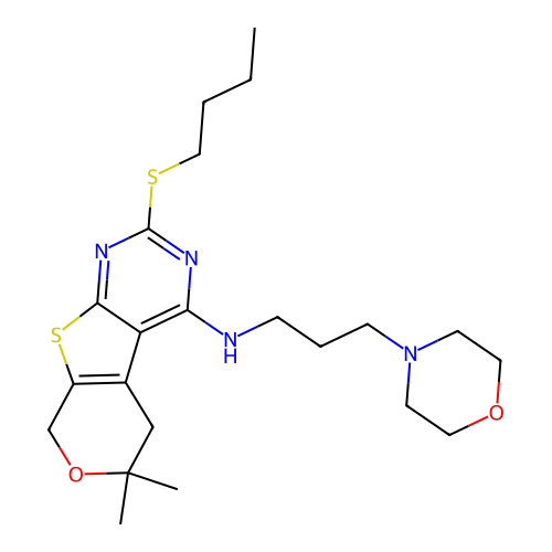 2-(butylsulfanyl)-6,6-dimethyl-N-[3-(morpholin-4-yl)propyl]-5,8-dihydro-6H-pyrano[4',3':4,5]thieno[2,3-d]pyrimidin-4-amine structure
