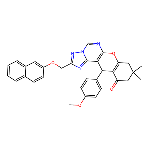 12-(4-methoxyphenyl)-9,9-dimethyl-2-[(naphthalen-2-yloxy)methyl]-8,9,10,12-tetrahydro-11H-chromeno[3,2-e][1,2,4]triazolo[1,5-c]pyrimidin-11-one structure