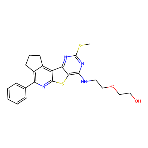 2-(2-((9-(methylthio)-4-phenyl-2,3-dihydro-1H-cyclopenta[4',5']pyrido[3',2':4,5]thieno[3,2-d]pyrimidin-7-yl)amino)ethoxy)ethanol structure