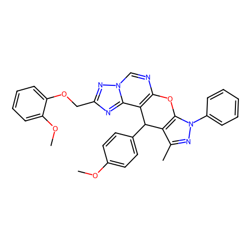 2-[(2-methoxyphenoxy)methyl]-11-(4-methoxyphenyl)-10-methyl-8-phenyl-8,11-dihydropyrazolo[4',3':5,6]pyrano[3,2-e][1,2,4]triazolo[1,5-c]pyrimidine structure
