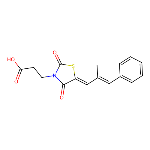 3-((Z)-5-((E)-2-methyl-3-phenylallylidene)-2,4-dioxothiazolidin-3-yl)propanoic acid structure