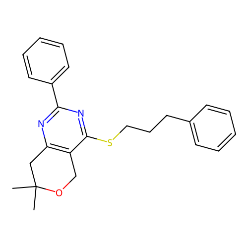 7,7-dimethyl-2-phenyl-4-((3-phenylpropyl)thio)-7,8-dihydro-5H-pyrano[4,3-d]pyrimidine structure