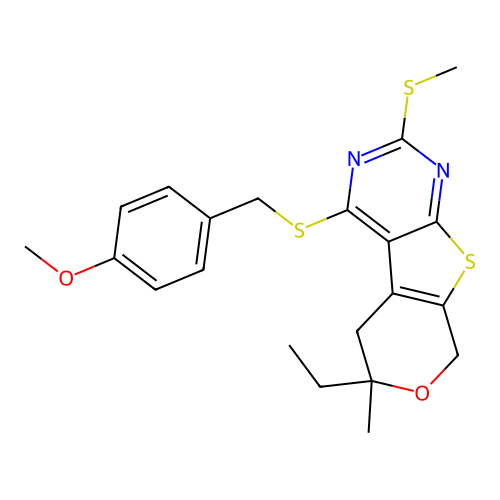 6-ethyl-4-[(4-methoxybenzyl)sulfanyl]-6-methyl-2-(methylsulfanyl)-5,8-dihydro-6H-pyrano[4',3':4,5]thieno[2,3-d]pyrimidine structure