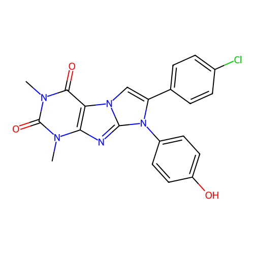 4-[7-(4-chlorophenyl)-1,3-dimethyl-2,4-dioxo-1,2,3,4-tetrahydro-8H-imidazo[2,1-f]purin-9-ium-8-yl]phenolate structure