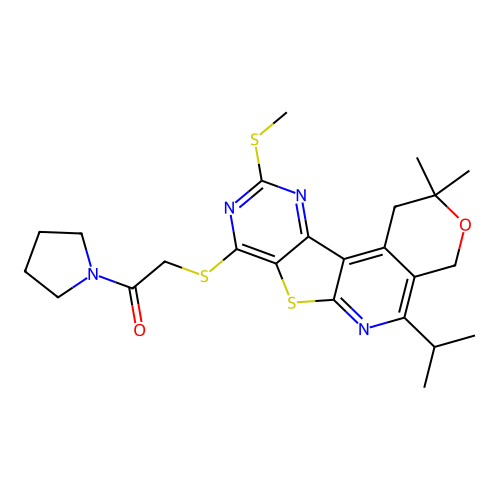 2-((5-isopropyl-2,2-dimethyl-10-(methylthio)-2,4-dihydro-1H-pyrano[4'',3'':4',5']pyrido[3',2':4,5]thieno[3,2-d]pyrimidin-8-yl)thio)-1-(pyrrolidin-1-yl)ethanone structure