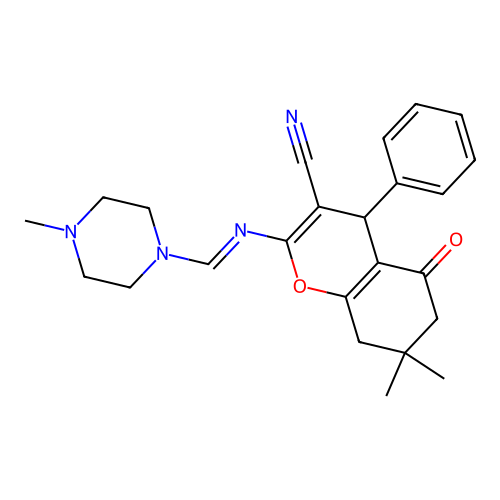 7,7-Dimethyl-2-{[1-(4-methyl-piperazin-1-yl)-meth-(E)-ylidene]-amino}-5-oxo-4-phenyl-5,6,7,8-tetrahydr o-4H-chromene-3-carbonitrile structure