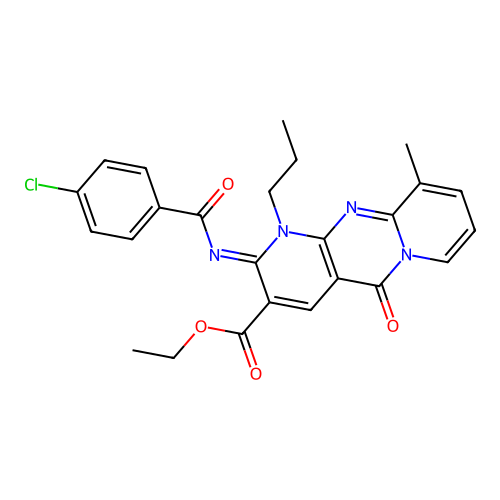 (Z)-ethyl 2-((4-chlorobenzoyl)imino)-10-methyl-5-oxo-1-propyl-2,5-dihydro-1H-dipyrido[1,2-a:2',3'-d]pyrimidine-3-carboxylate structure