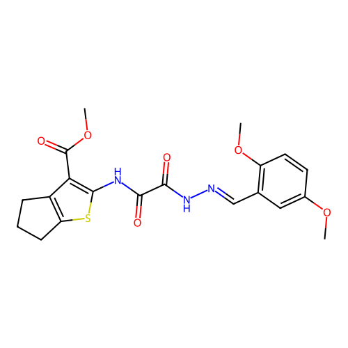 (E)-methyl 2-(2-(2-(2,5-dimethoxybenzylidene)hydrazinyl)-2-oxoacetamido)-5,6-dihydro-4H-cyclopenta[b]thiophene-3-carboxylate structure