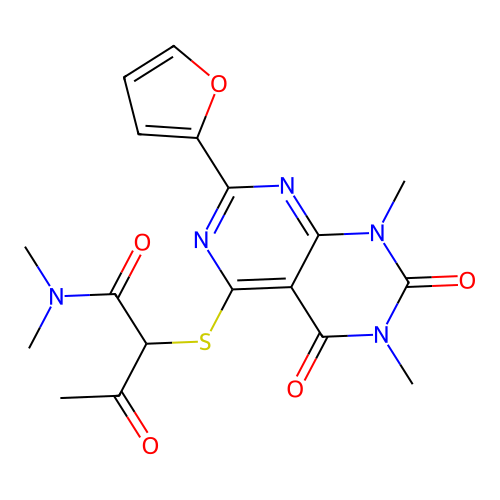 2-((2-(furan-2-yl)-6,8-dimethyl-5,7-dioxo-5,6,7,8-tetrahydropyrimido[4,5-d]pyrimidin-4-yl)thio)-N,N-dimethyl-3-oxobutanamide structure