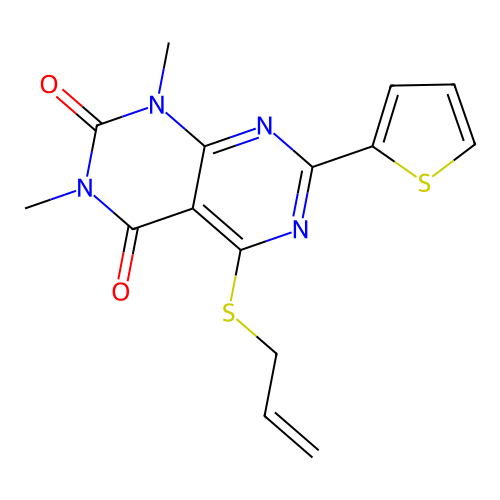 5-(allylthio)-1,3-dimethyl-7-(thiophen-2-yl)pyrimido[4,5-d]pyrimidine-2,4(1H,3H)-dione structure