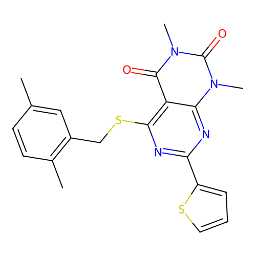 5-((2,5-dimethylbenzyl)thio)-1,3-dimethyl-7-(thiophen-2-yl)pyrimido[4,5-d]pyrimidine-2,4(1H,3H)-dione structure
