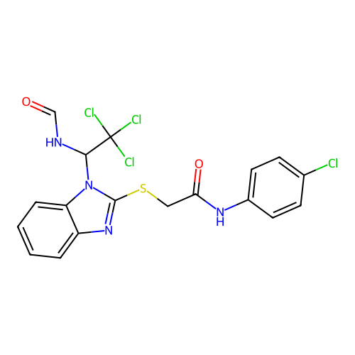 N-(4-chlorophenyl)-2-[1-(2,2,2-trichloro-1-formamidoethyl)benzimidazol-2-yl]sulfanylacetamide structure