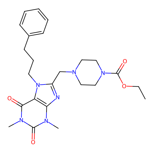 ethyl 4-{[1,3-dimethyl-2,6-dioxo-7-(3-phenylpropyl)-2,3,6,7-tetrahydro-1H-purin-8-yl]methyl}piperazine-1-carboxylate structure
