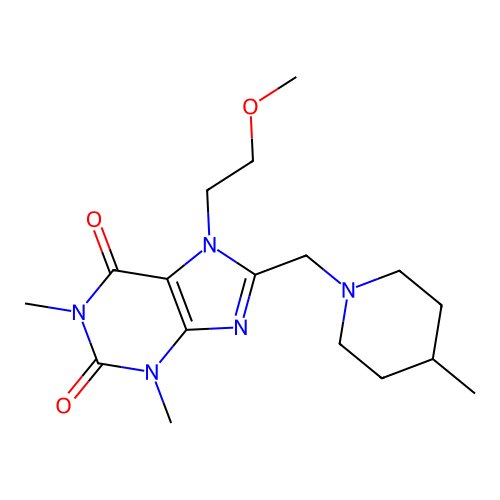 7-(2-methoxyethyl)-1,3-dimethyl-8-[(4-methylpiperidin-1-yl)methyl]-3,7-dihydro-1H-purine-2,6-dione structure