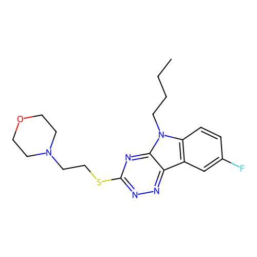 4-[2-[(5-butyl-8-fluoro-[1,2,4]triazino[5,6-b]indol-3-yl)sulfanyl]ethyl]morpholine structure