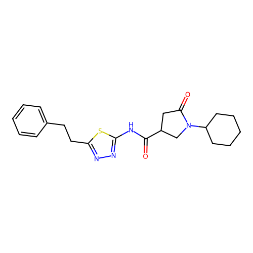 1-cyclohexyl-5-oxo-N-[5-(2-phenylethyl)-1,3,4-thiadiazol-2-yl]pyrrolidine-3-carboxamide structure