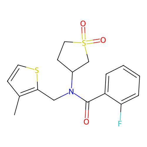 N-(1,1-dioxidotetrahydrothiophen-3-yl)-2-fluoro-N-[(3-methylthiophen-2-yl)methyl]benzamide structure