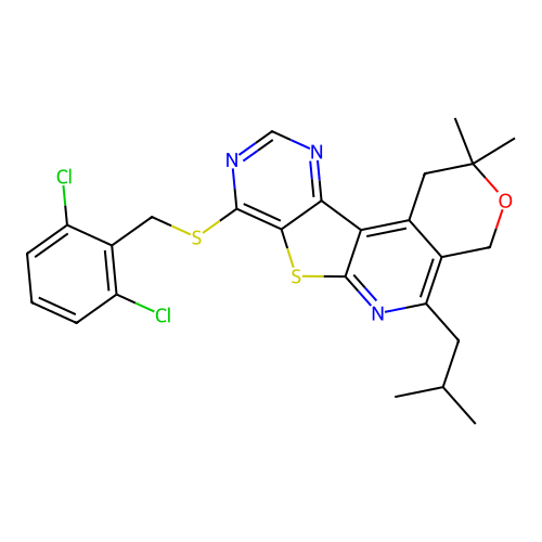 8-((2,6-dichlorobenzyl)thio)-5-isobutyl-2,2-dimethyl-2,4-dihydro-1H-pyrano[4'',3'':4',5']pyrido[3',2':4,5]thieno[3,2-d]pyrimidine structure