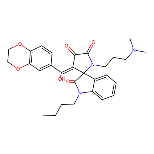 (4'E)-1-butyl-4'-[2,3-dihydro-1,4-benzodioxin-6-yl(hydroxy)methylidene]-1'-[3-(dimethylamino)propyl]spiro[indole-3,5'-pyrrolidine]-2,2',3'-trione structure