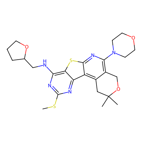 2,2-dimethyl-10-(methylsulfanyl)-5-(morpholin-4-yl)-N-(tetrahydrofuran-2-ylmethyl)-1,4-dihydro-2H-pyrano[4'',3'':4',5']pyrido[3',2':4,5]thieno[3,2-d]pyrimidin-8-amine structure
