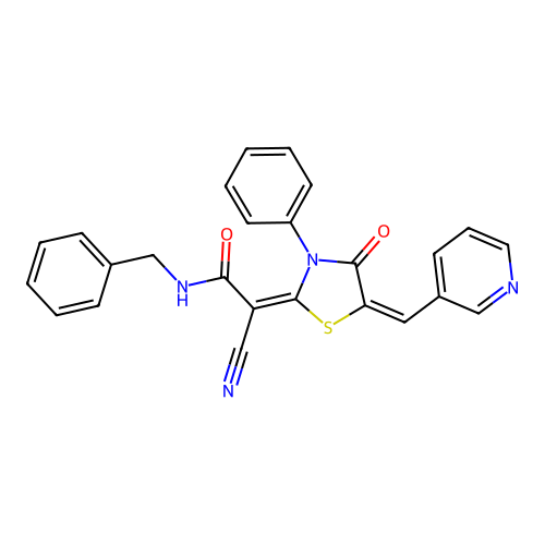 (E)-N-benzyl-2-cyano-2-((E)-4-oxo-3-phenyl-5-(pyridin-3-ylmethylene)thiazolidin-2-ylidene)acetamide structure