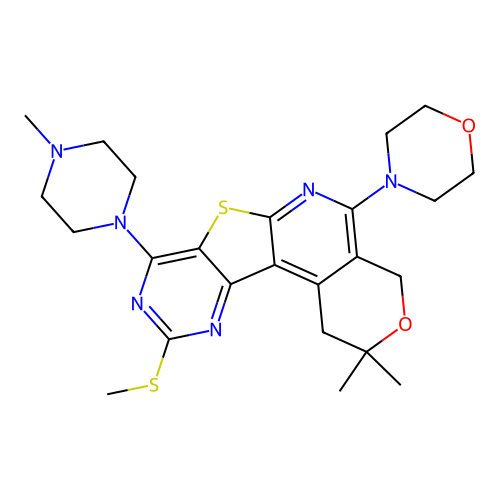 2,2-dimethyl-8-(4-methylpiperazin-1-yl)-10-(methylsulfanyl)-5-(morpholin-4-yl)-1,4-dihydro-2H-pyrano[4'',3'':4',5']pyrido[3',2':4,5]thieno[3,2-d]pyrimidine structure