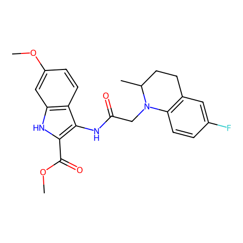 methyl 3-(2-(6-fluoro-2-methyl-3,4-dihydroquinolin-1(2H)-yl)acetamido)-6-methoxy-1H-indole-2-carboxylate structure