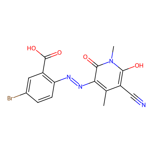 5-bromo-2-[2-(5-cyano-1,4-dimethyl-2,6-dioxo-pyridin-3-ylidene)hydrazinyl]benzoic Acid structure