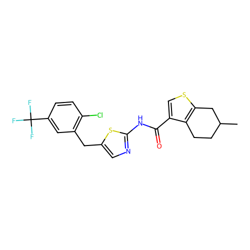 N-{5-[2-chloro-5-(trifluoromethyl)benzyl]-1,3-thiazol-2-yl}-6-methyl-4,5,6,7-tetrahydro-1-benzothiophene-3-carboxamide structure
