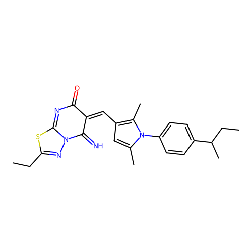 (E)-6-((1-(4-(sec-butyl)phenyl)-2,5-dimethyl-1H-pyrrol-3-yl)methylene)-2-ethyl-5-imino-5H-[1,3,4]thiadiazolo[3,2-a]pyrimidin-7(6H)-one structure