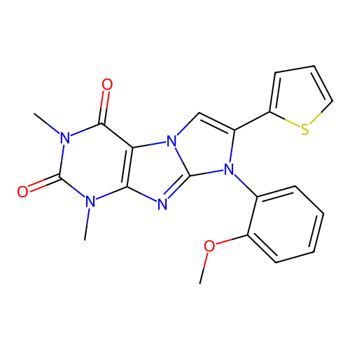 8-(2-methoxyphenyl)-1,3-dimethyl-7-(thiophen-2-yl)-1H-imidazo[2,1-f]purine-2,4(3H,8H)-dione structure