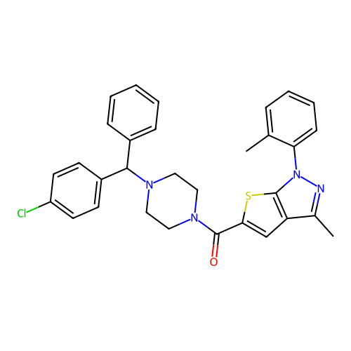 (4-((4-chlorophenyl)(phenyl)methyl)piperazin-1-yl)(3-methyl-1-(o-tolyl)-1H-thieno[2,3-c]pyrazol-5-yl)methanone structure