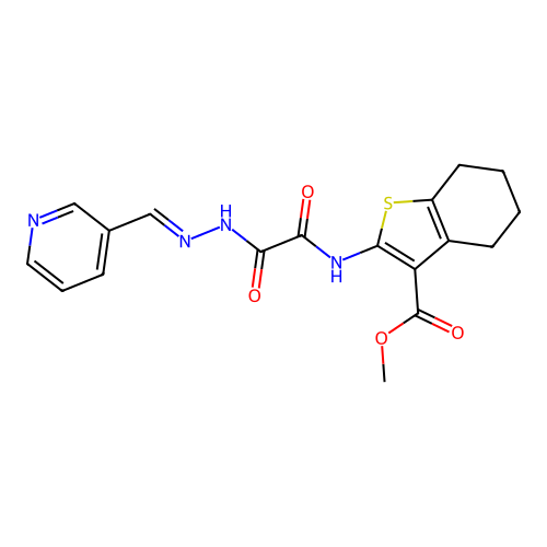 (E)-methyl 2-(2-oxo-2-(2-(pyridin-3-ylmethylene)hydrazinyl)acetamido)-4,5,6,7-tetrahydrobenzo[b]thiophene-3-carboxylate structure