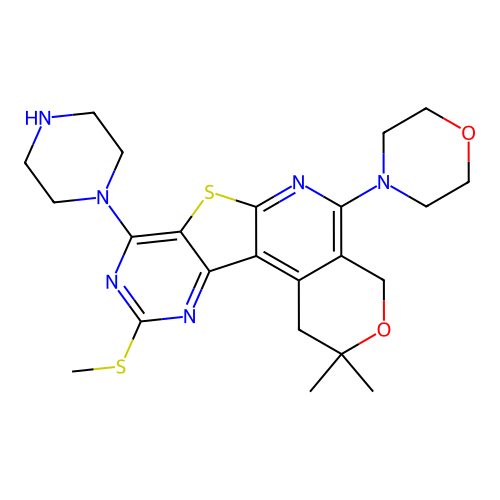 2,2-dimethyl-10-(methylsulfanyl)-5-(morpholin-4-yl)-8-(piperazin-1-yl)-1,4-dihydro-2H-pyrano[4'',3'':4',5']pyrido[3',2':4,5]thieno[3,2-d]pyrimidine structure