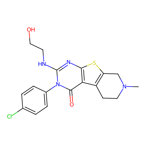 3-(4-chlorophenyl)-2-((2-hydroxyethyl)amino)-7-methyl-5,6,7,8-tetrahydropyrido[4',3':4,5]thieno[2,3-d]pyrimidin-4(3H)-one structure