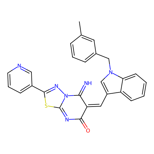 (E)-5-imino-6-((1-(3-methylbenzyl)-1H-indol-3-yl)methylene)-2-(pyridin-3-yl)-5H-[1,3,4]thiadiazolo[3,2-a]pyrimidin-7(6H)-one structure