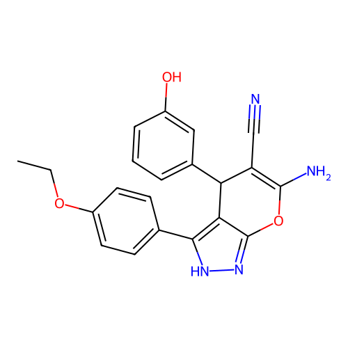 6-amino-3-(4-ethoxyphenyl)-4-(3-hydroxyphenyl)-1,4-dihydropyrano[2,3-c]pyrazole-5-carbonitrile structure